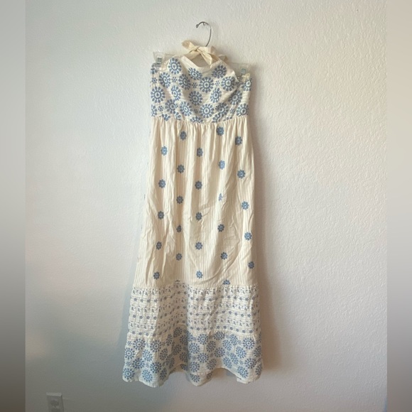 American Eagle Shoulder Tie Maxi Dress. Cream with Blue Details. Size Small. - Picture 6 of 9